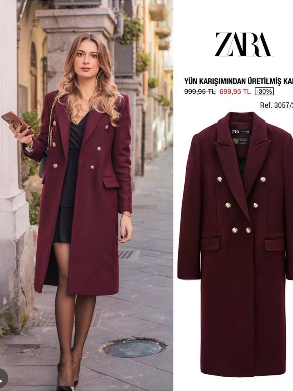 Zara Double-Breasted Long Trench Coat in Burgundy